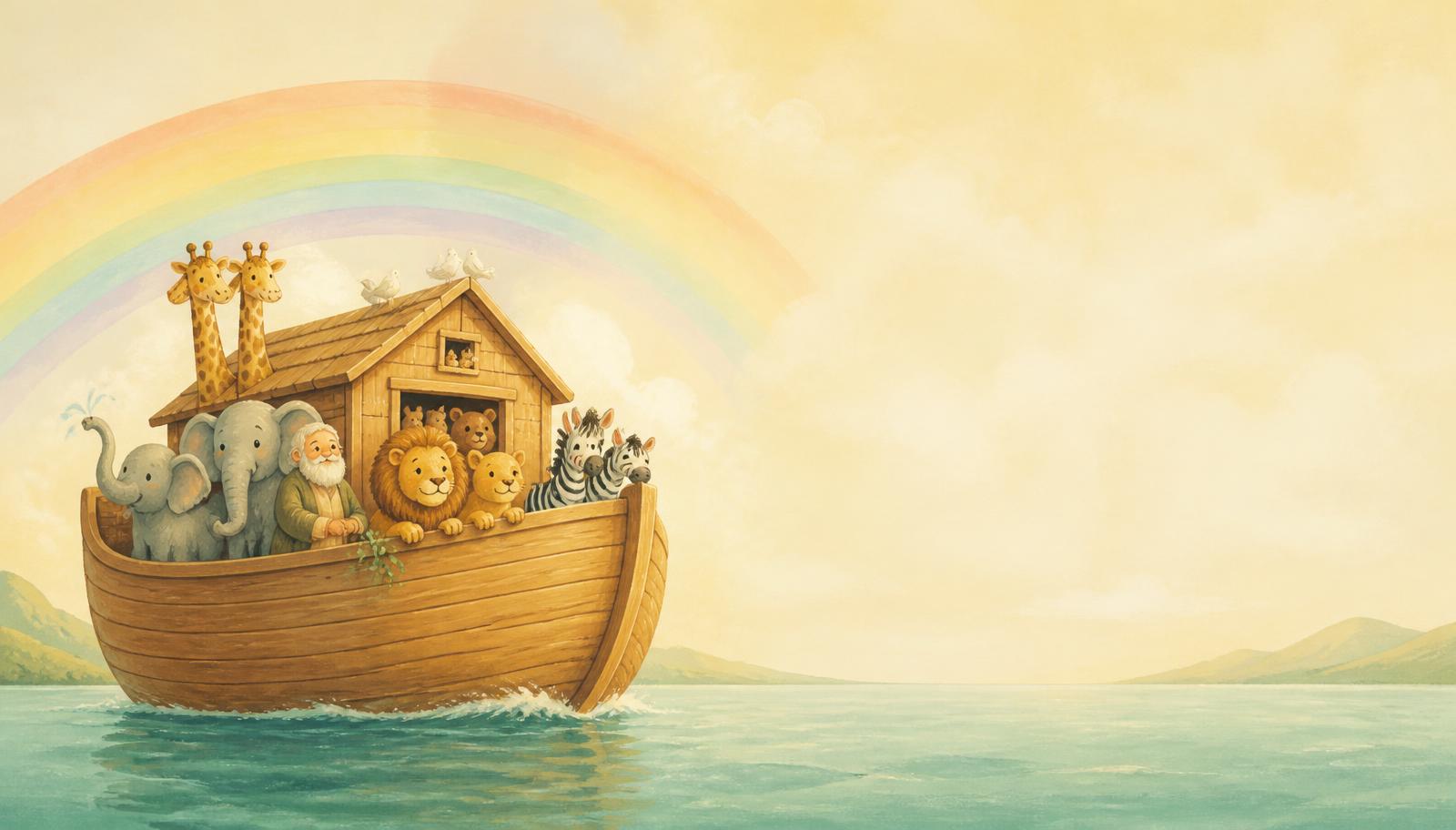Illustrated Noah's ark on calm water beneath a soft rainbow